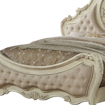 Beige Wood And Tufted Linen Queen Bed Frame With Nailhead Trim