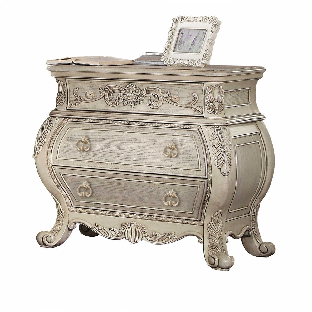 34" Antiqued White Solid Wood Three Drawer Nightstand