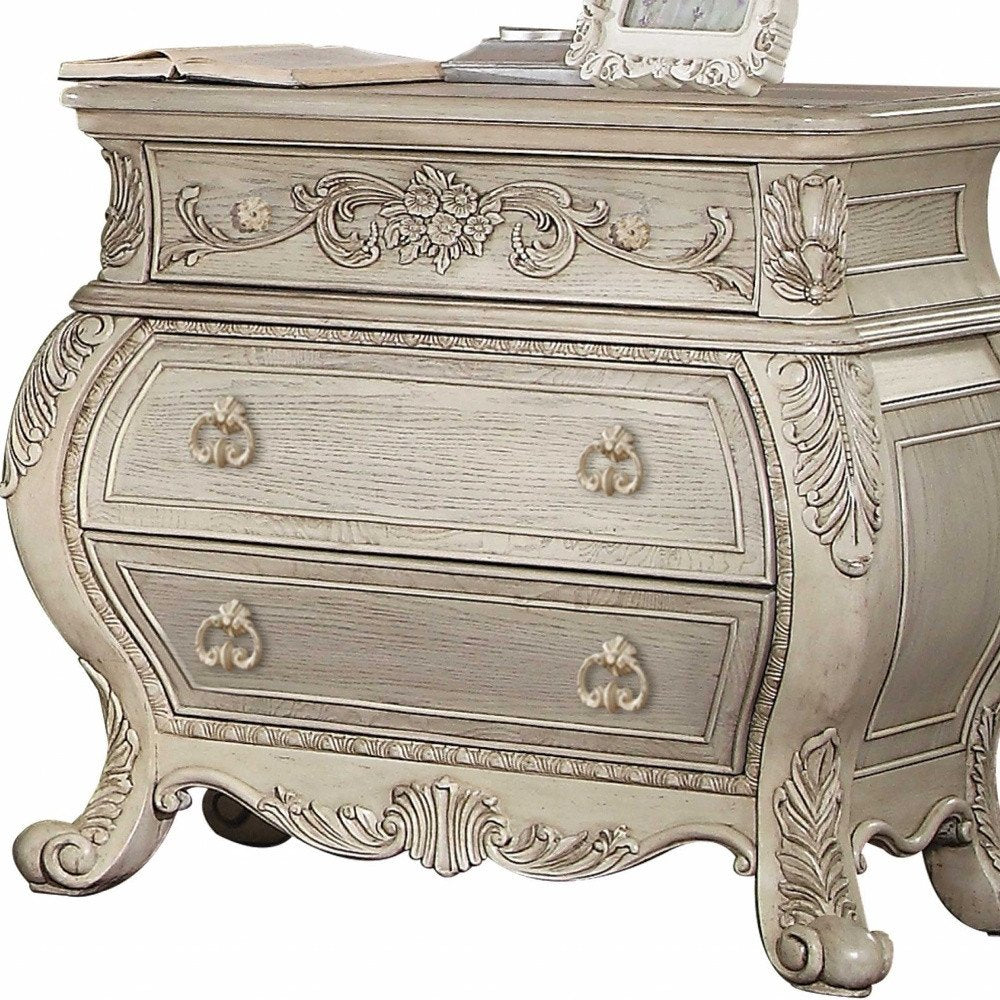 34" Antiqued White Solid Wood Three Drawer Nightstand
