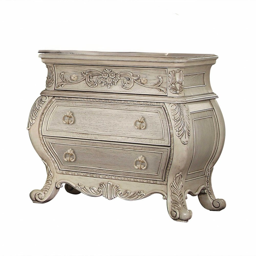 34" Antiqued White Solid Wood Three Drawer Nightstand