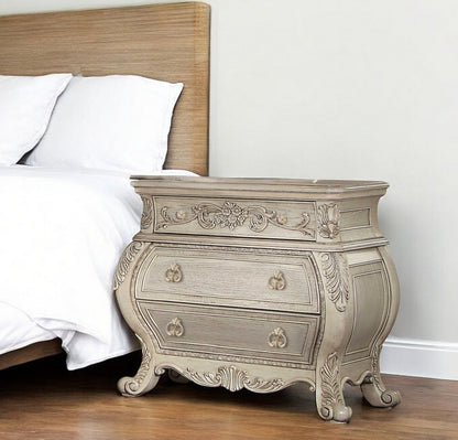 34" Antiqued White Solid Wood Three Drawer Nightstand