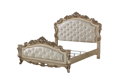 Antiqued White Queen Tufted Upholstered Silk Bed Frame with Nailhead Trim