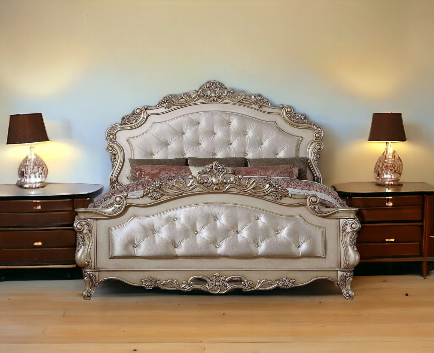 Antiqued White Queen Tufted Upholstered Silk Bed Frame with Nailhead Trim