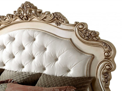 Antiqued White Wood And Tufted Silk Queen Bed Frame With Nailhead Trim