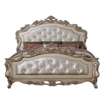 Antiqued White Queen Tufted Upholstered Silk Bed Frame with Nailhead Trim