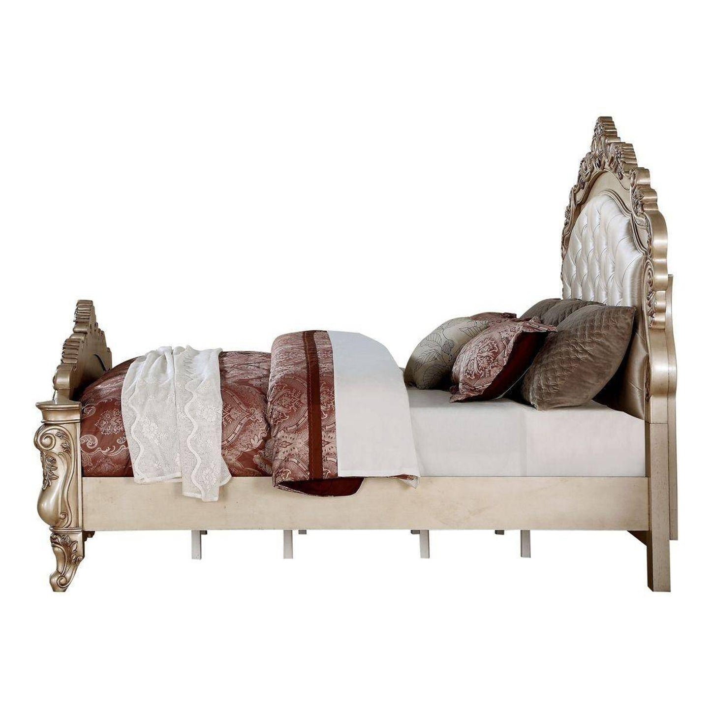 Antiqued White Queen Tufted Upholstered Silk Bed Frame with Nailhead Trim