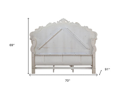 Antiqued White Queen Tufted Upholstered Silk Bed Frame with Nailhead Trim