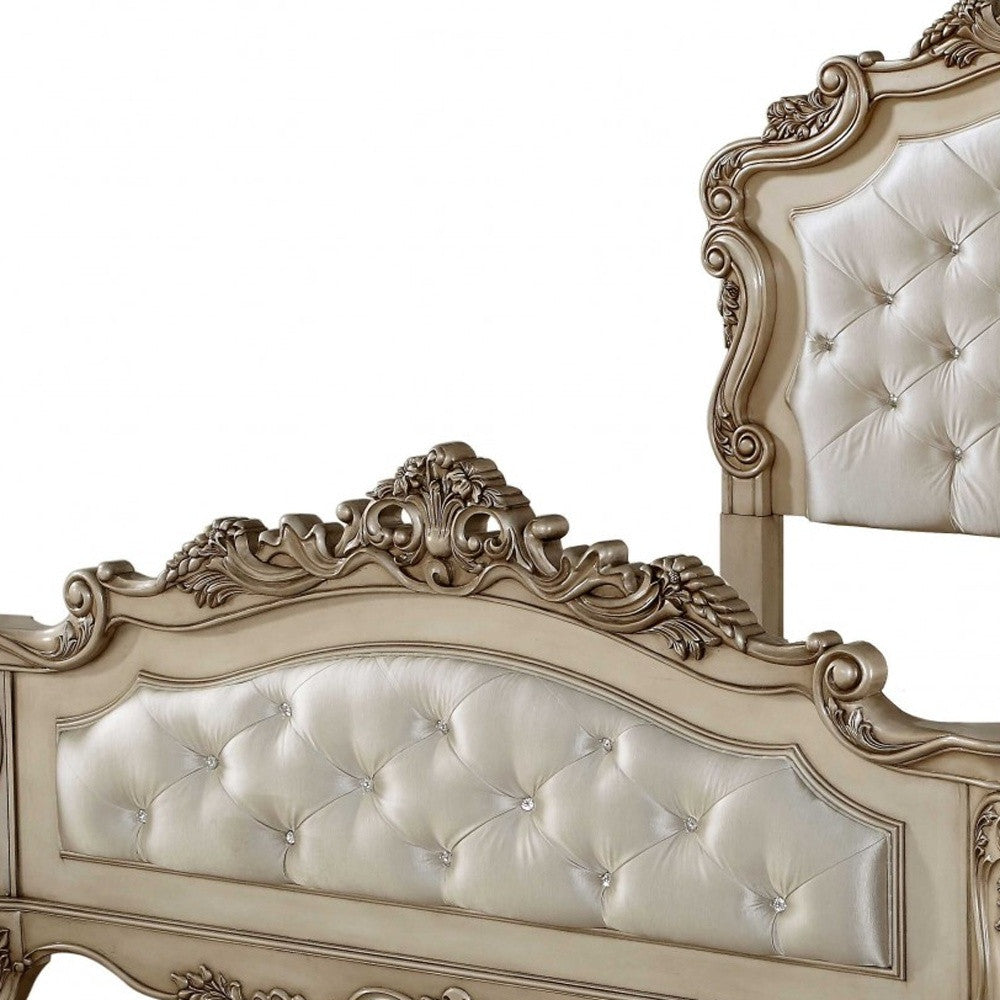 Antiqued White Queen Tufted Upholstered Silk Bed Frame with Nailhead Trim