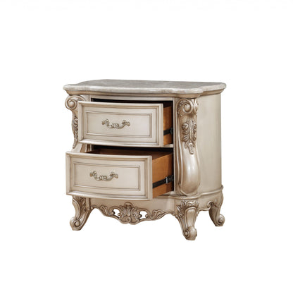 32" Antiqued White Two Drawers Mirrored Nightstand