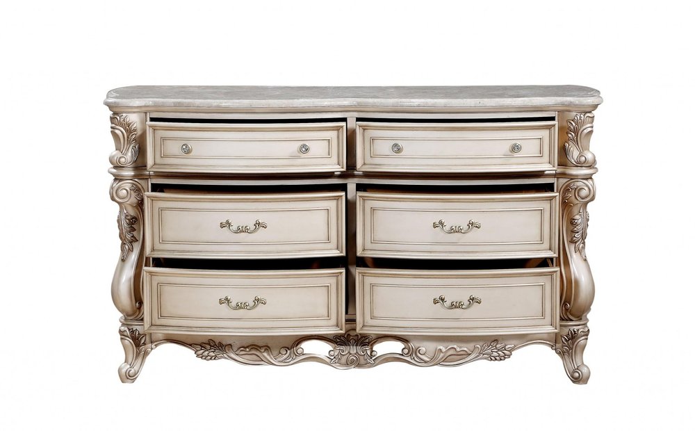 72" Antiqued White Solid Wood And Marble Six Drawer Double Dresser