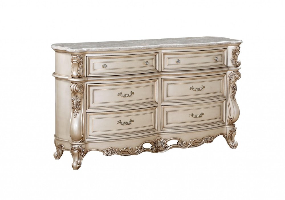 72" Antiqued White Solid Wood And Marble Six Drawer Double Dresser