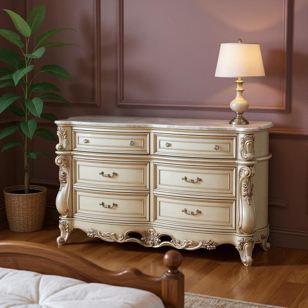 72" Beige Solid Wood Six Drawer Double Dresser