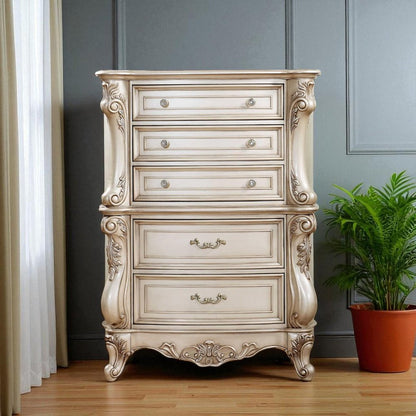 42" Antiqued White Wood Five Drawer Dresser