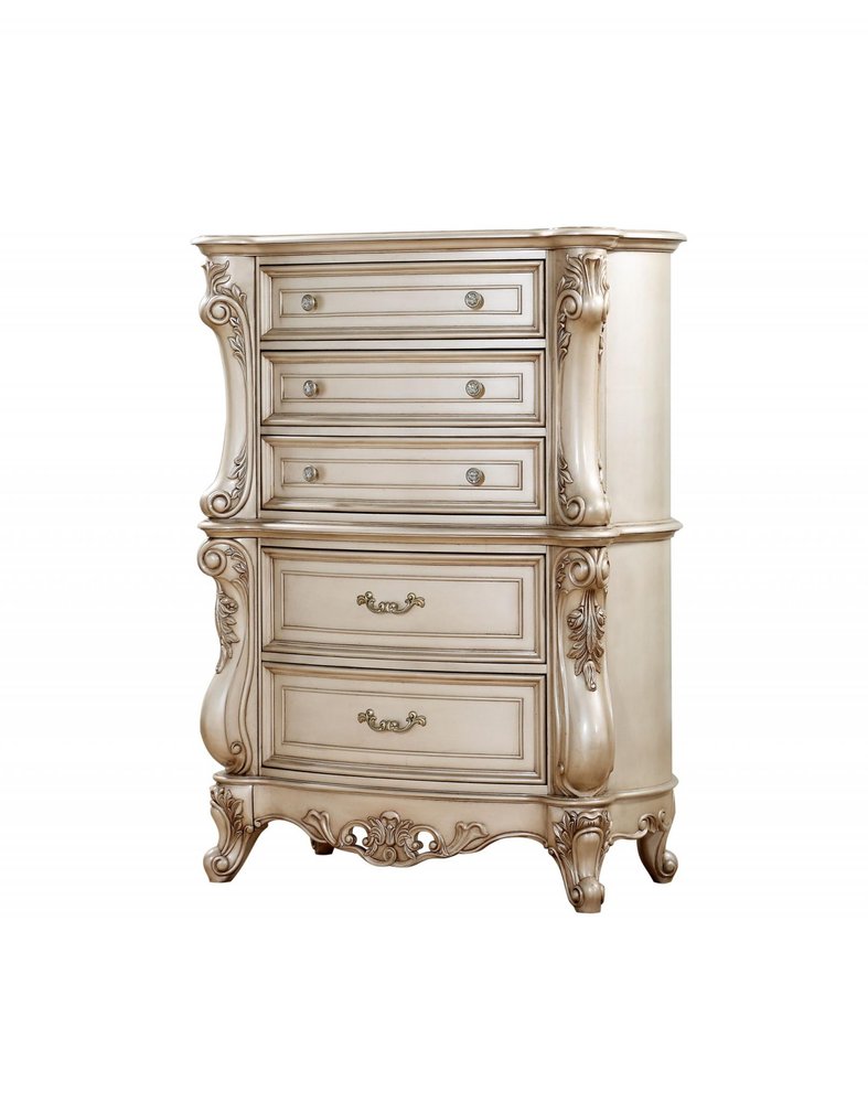 42" Antiqued White Wood Five Drawer Dresser