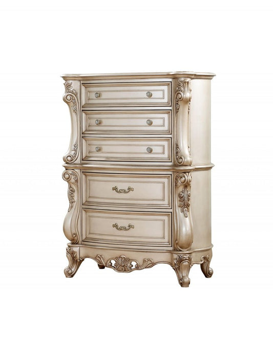 42" Antiqued White Wood Five Drawer Dresser