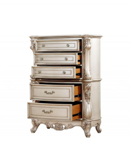 42" Antiqued White Carved Floral Wood Five Drawer Dresser
