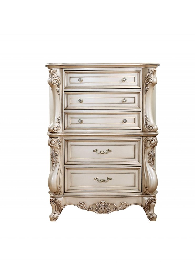 42" Antiqued White Wood Five Drawer Dresser
