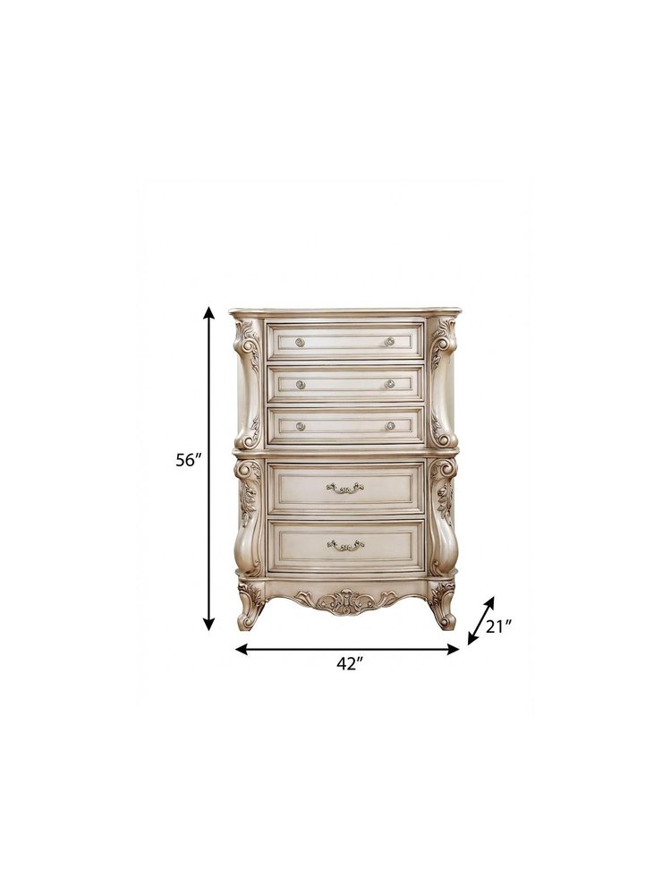 42" Antiqued White Wood Five Drawer Dresser