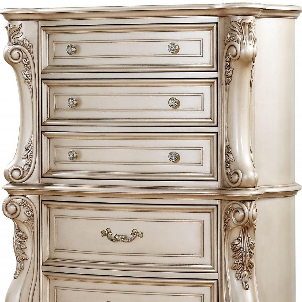 42" Antiqued White Wood Five Drawer Dresser