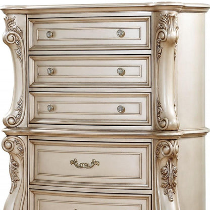 42" Antiqued White Carved Floral Wood Five Drawer Dresser