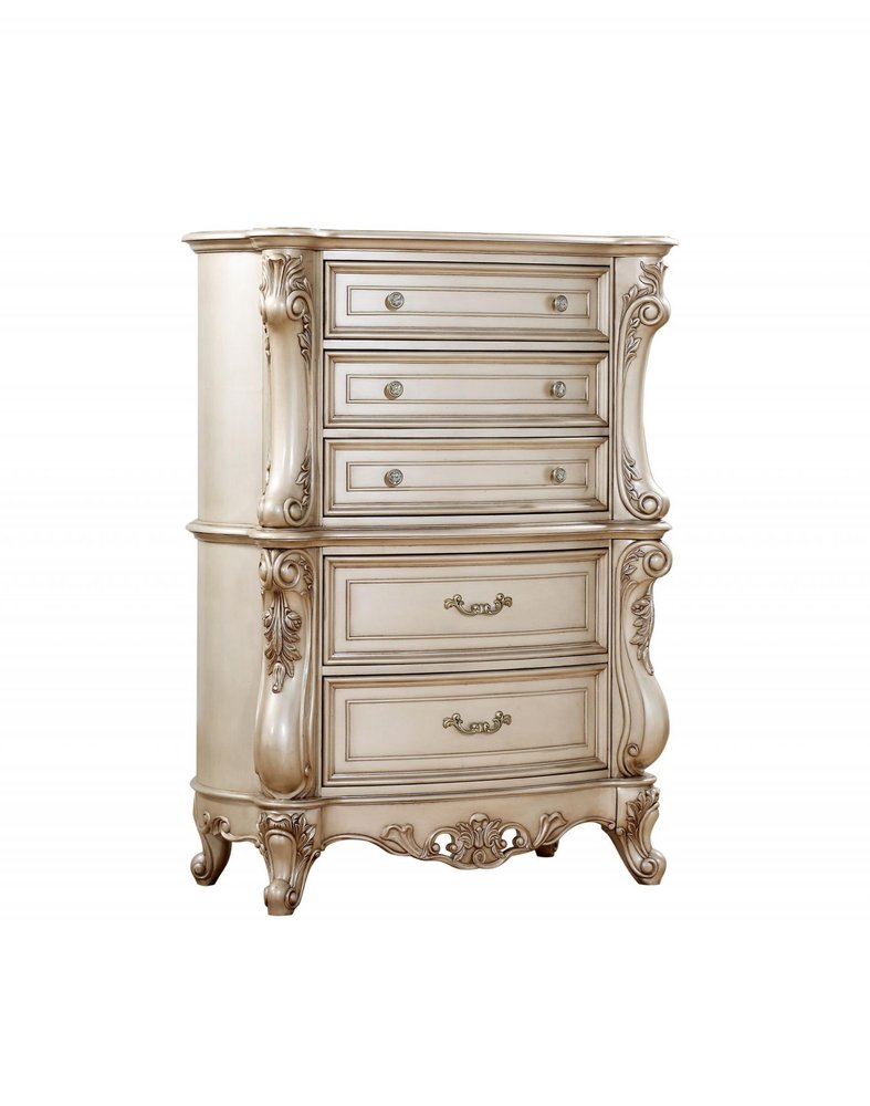 42" Antiqued White Wood Five Drawer Dresser