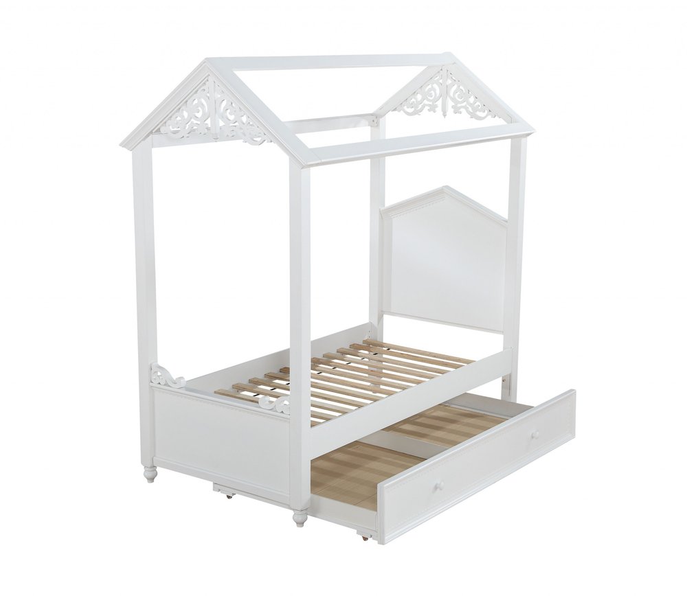 White Wood Twin Canopy Bed Frame