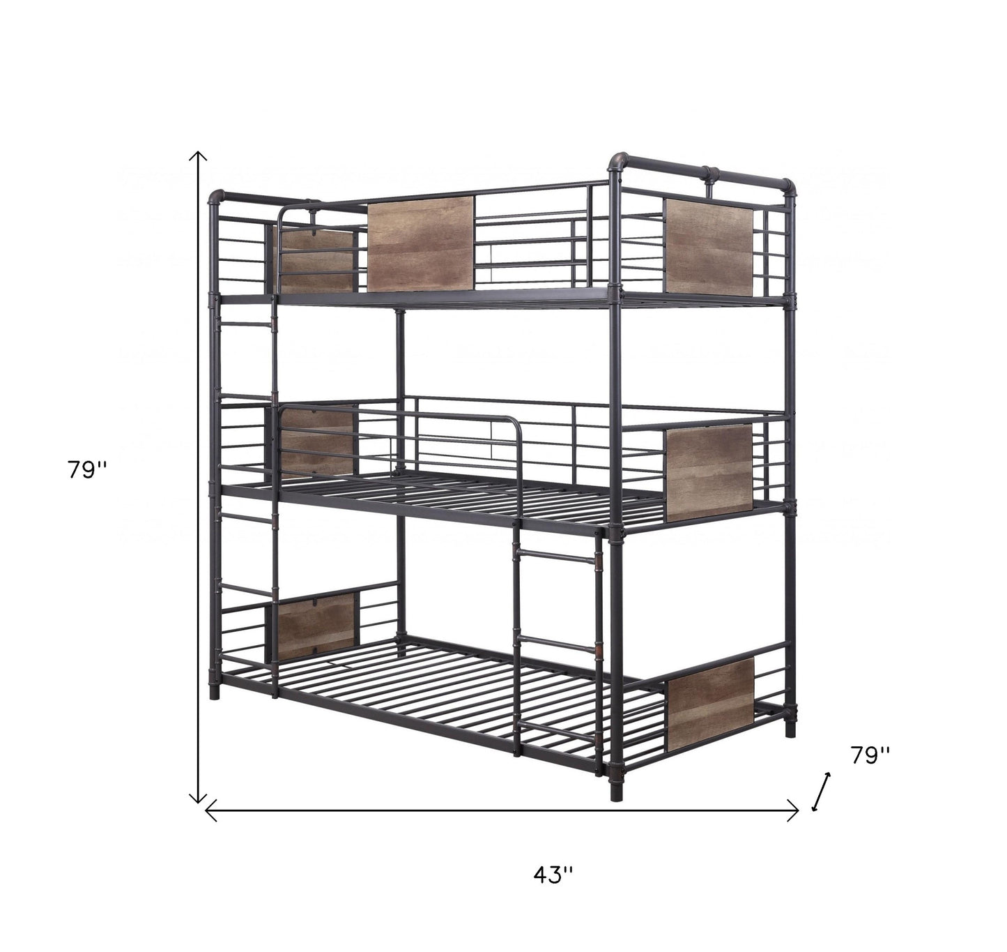 43" X 79" X 79" Sandy Black Dark Bronze Handbrushed Metal Wood Triple Bunk Bed  Twin