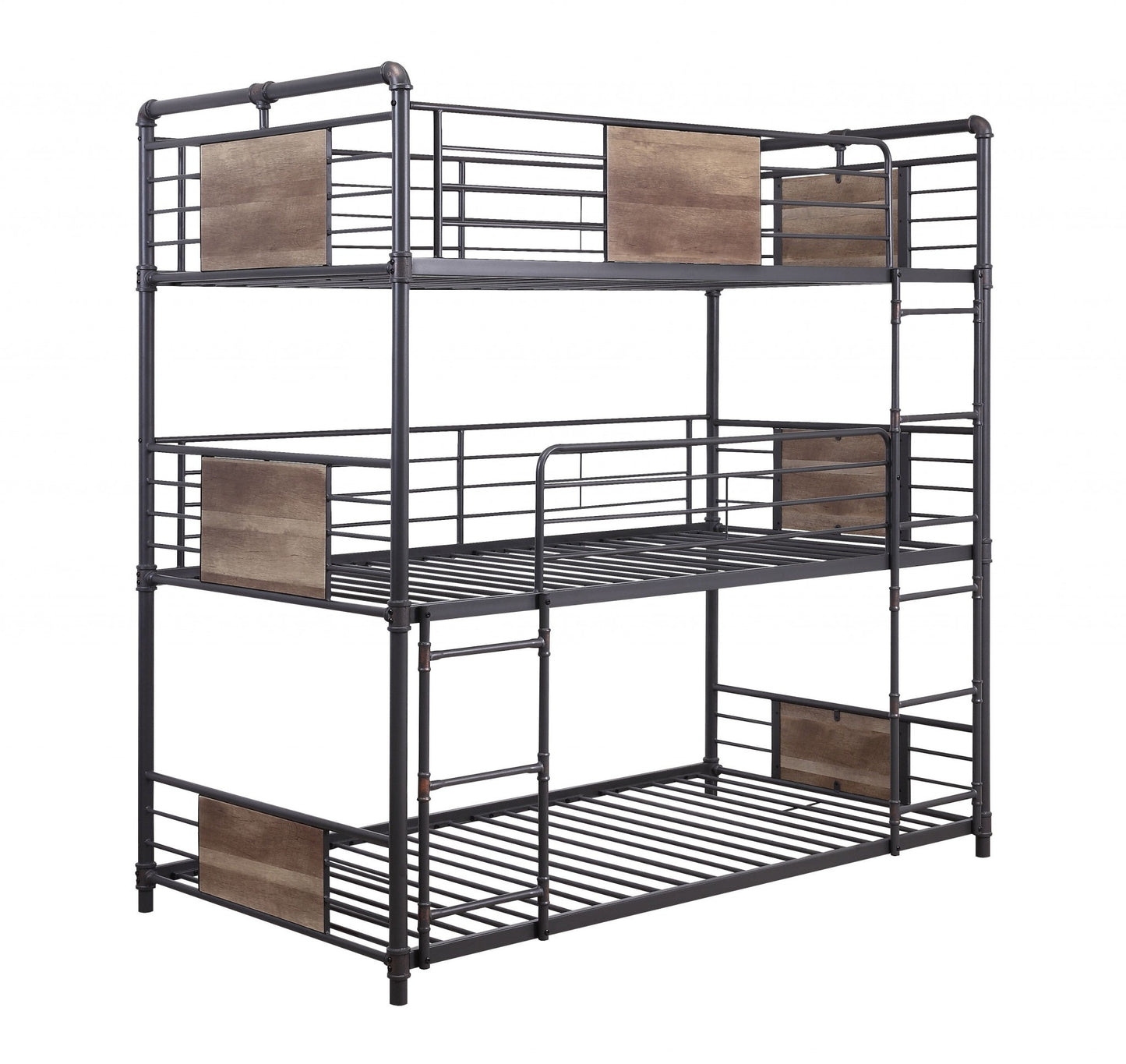 43" X 79" X 79" Sandy Black Dark Bronze Handbrushed Metal Wood Triple Bunk Bed  Twin