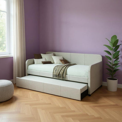 White and Light Gray Wood And Linen Twin Bed Frame