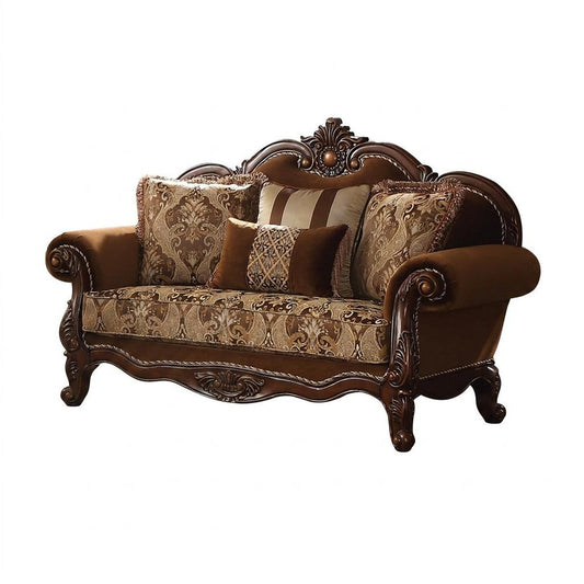 69" Brown Damask Chesterfield Loveseat and Toss Pillows