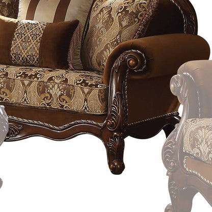 69" Brown Damask Chesterfield Loveseat and Toss Pillows