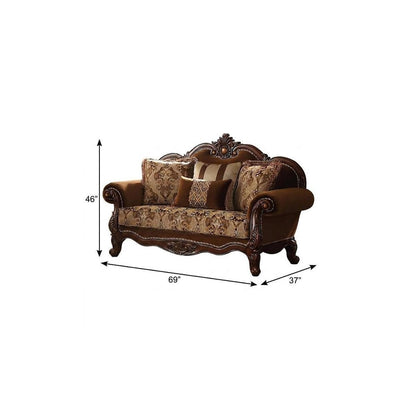 69" Brown Damask Chesterfield Loveseat and Toss Pillows