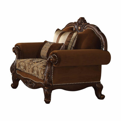 37" Brown Velvet Floral Club Chair And Toss Pillows