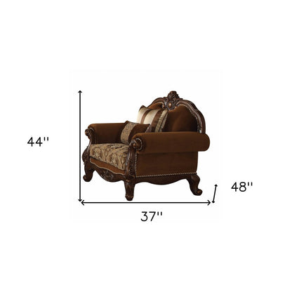 37" Brown Velvet Floral Club Chair And Toss Pillows