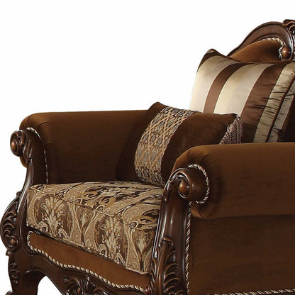 37" Brown Velvet Floral Club Chair And Toss Pillows