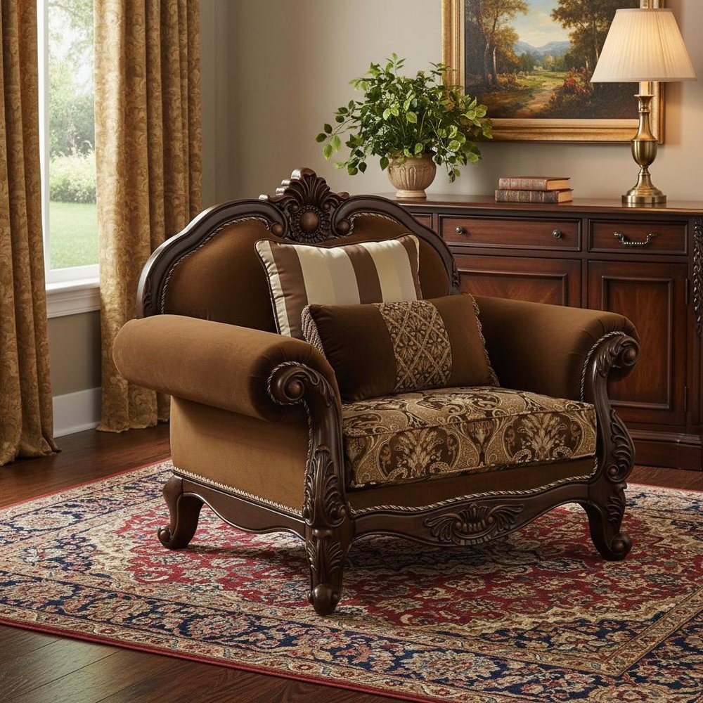 37" Brown Velvet Floral Club Chair And Toss Pillows
