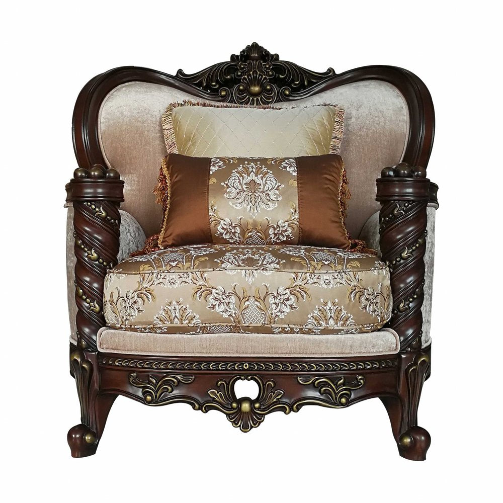 37" Beige and Brown Fabric Floral Club Chair And Toss Pillows