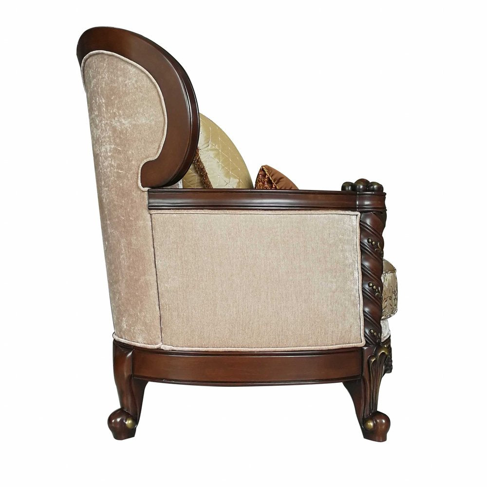 37" Beige and Brown Fabric Floral Club Chair And Toss Pillows