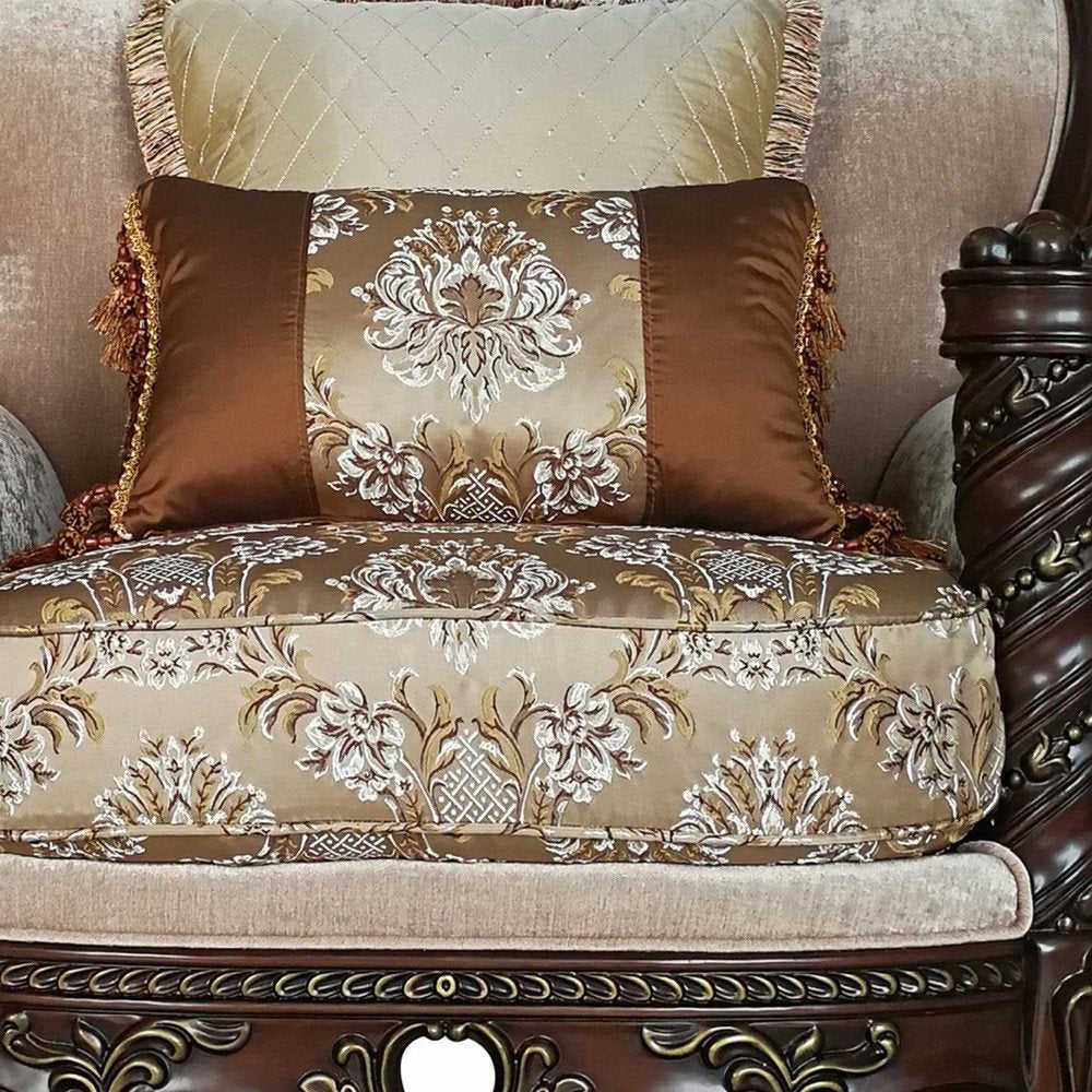 37" Beige and Brown Fabric Floral Club Chair And Toss Pillows