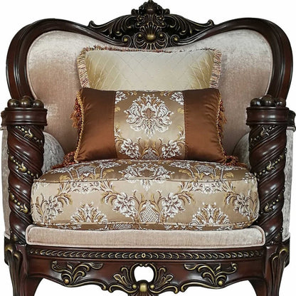 37" Beige and Brown Fabric Floral Club Chair And Toss Pillows