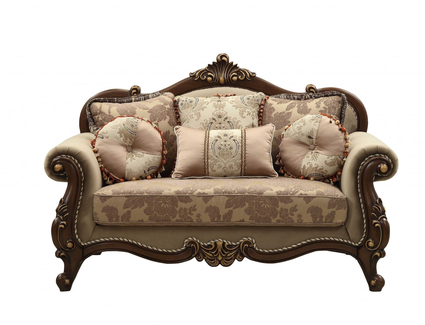 69" Beige and Gold And Brown Velvet Paisley Loveseat and Toss Pillows