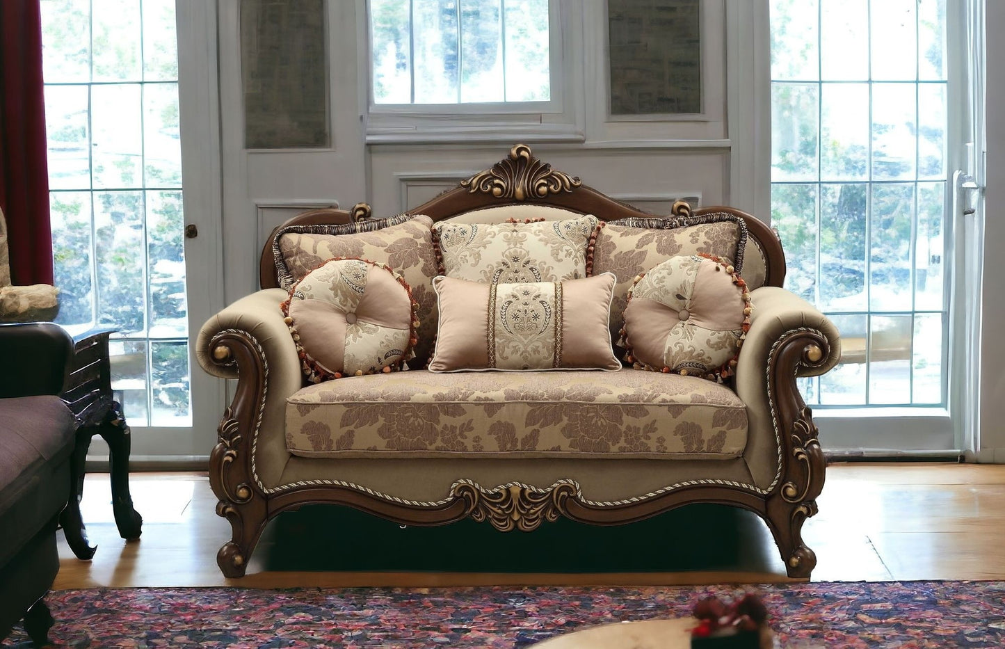 69" Beige and Gold And Brown Velvet Paisley Loveseat and Toss Pillows