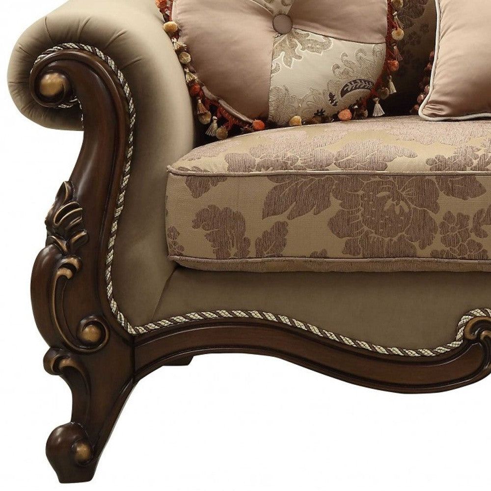 69" Beige and Gold And Brown Velvet Paisley Loveseat and Toss Pillows