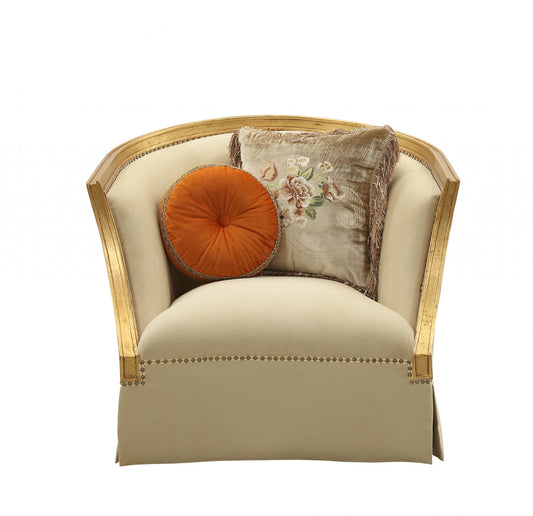 41" Tan and Gold Distressed Club Chair And Toss Pillows