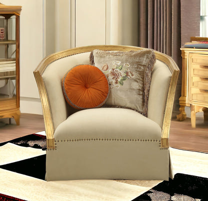 41" Tan and Gold Distressed Arm Chair and Toss Pillows