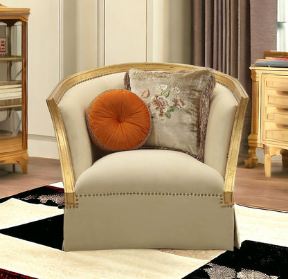 41" Tan and Gold Distressed Club Chair And Toss Pillows
