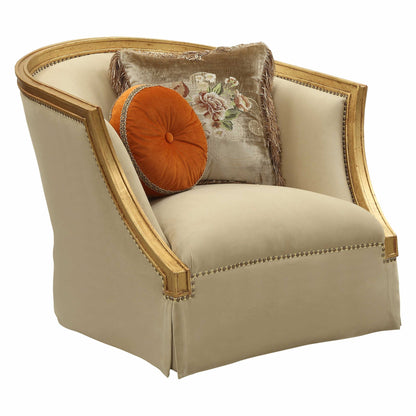 41" Tan and Gold Distressed Arm Chair and Toss Pillows