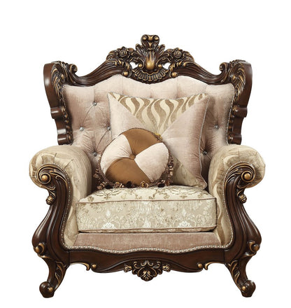 36" Beige and Brown Fabric Damask Tufted Arm Chair And Toss Pillows