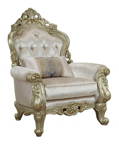 40" Cream and Antiqued White Fabric Damask Tufted Arm Chair And Toss Pillow