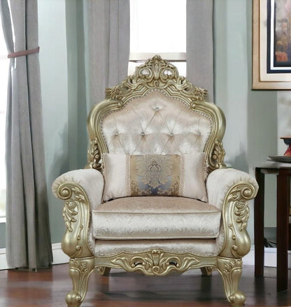 40" Cream and Antiqued White Fabric Damask Tufted Arm Chair And Toss Pillow